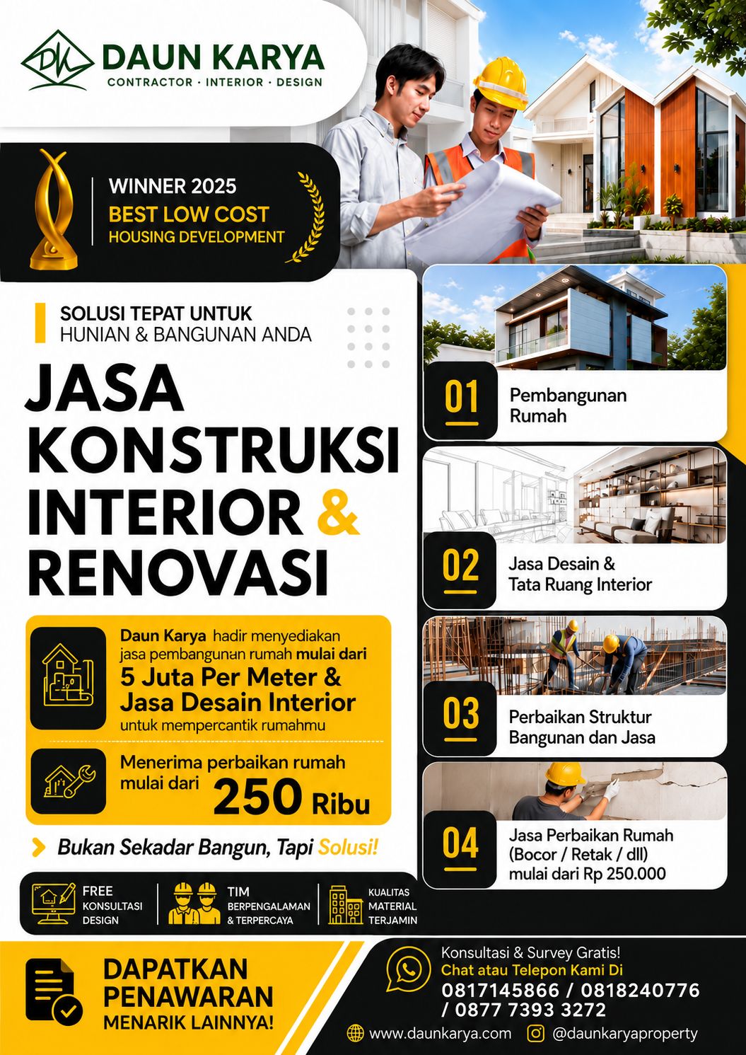 Daun Karya membuka jasa Konstruksi, Interior, dan Renovasi Rumah Berkualitas